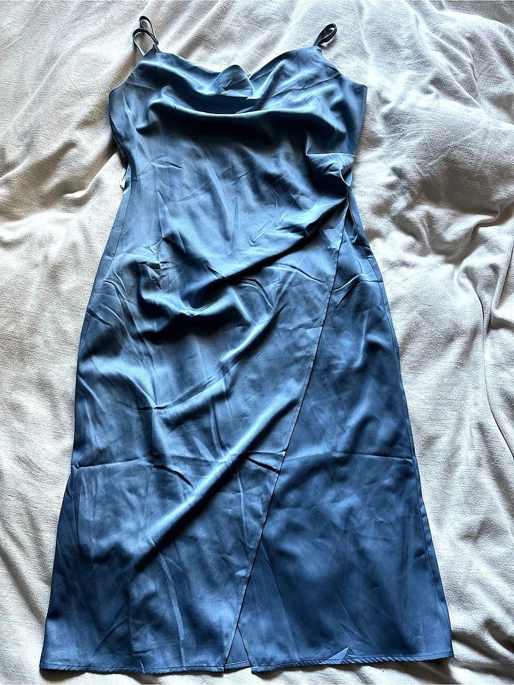Lulus Distinctive Charm Slate Blue Satin Asymmetrical Midi Dress Maxi Dress XS